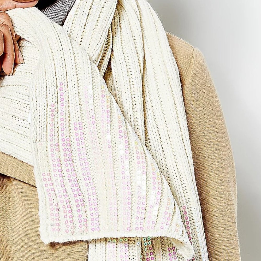 Isaac Mizrahi Sequin Yarn Scarf Cream NWT